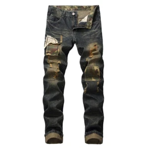 Herren Zerrissen Distressed Jeans Tarnfarbe Patchwork Denim Hose Skinny Schmal - Bild 1 von 10