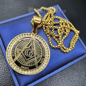 Freemason Masonic Stainless Steel Cubic Zirconia Pendant 24" Rolo Chain Necklace - Picture 1 of 6
