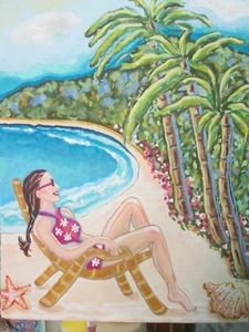 "Mädchen am Strand", Acryl-Kunstdruck, 11" x 14" tropisch, Palmen, Ozean - Bild 1 von 11