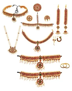 Gold Plating Copper Multicolour Complete Set Bharatanatyam Jeweler Set - Picture 1 of 6
