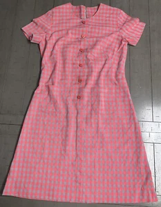 I9 VTG MED RED GRAY GINGHAM PLAID HANDMADE HOUSEWIFE SMOCK MIDI DRESS BACK ZIP - Picture 1 of 24