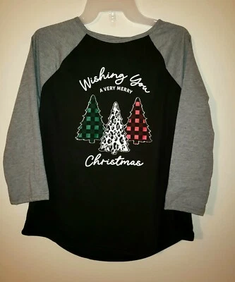 Camiseta Raglán Para Mujer Feliz Navidad Árboles Vacaciones Cuadros Gráfico L XL 1X 2X Foto 1 de 3