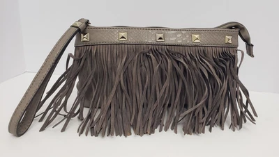 J Lo By Jennifer Lopez Gray Satchel Fringe Purse Zipper Pockets Gold Accents - Image 1 of 4