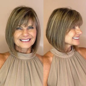 Highlighted Bob Wigs with Bangs for Women Ash Brown Blonde  100% Human Hair Wigs - Picture 1 of 6