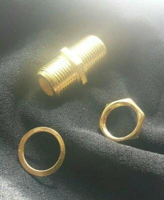 F -Type Coax Coaxial Gold Coupler Female Barrel (1) Adapter with Washer and Nut. - Image 1 of 2