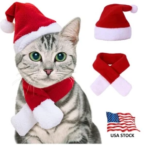 2×Christmas Cat Costume Small Dog Santa Hat with Scarf Puppy Kitten Xmas Outfit - Picture 1 of 10