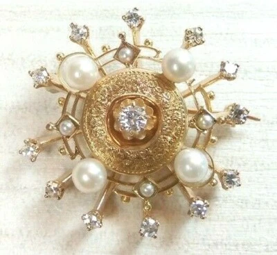 Antique Art Deco Diamond Pearl Sunburst Pin Brooch 14K Yellow Gold EGL USA 1920s - Image 1 of 4