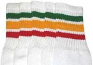 19” MID CALF WHITE tube socks with GREEN/GOLD/RED rasta stripes style 1 (19-40)  - Picture 1 of 1