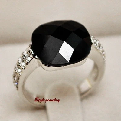 Crystal Antique Silver Black Onyx Ring Women's Fashion Agate Ring SR164 - Imagem 1 de 4