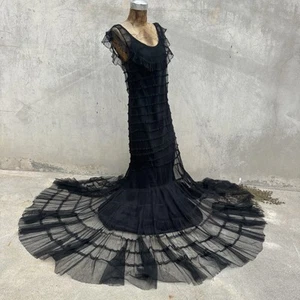 Vintage 1930s Black Mesh Net Gown Ruffles Low Back Bias Cut Art Deco Maxi Dress - Picture 1 of 16