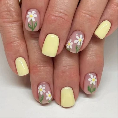24 Pcs Yellow Press On Nail Short Square on Nail Sweet Flowers False Nail - Image 1 of 4