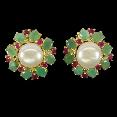 925 Sterling Silver Earrings Pear Emerald 4x3mm Ruby Pearl Gemstone Jewelry - Image 1 of 4