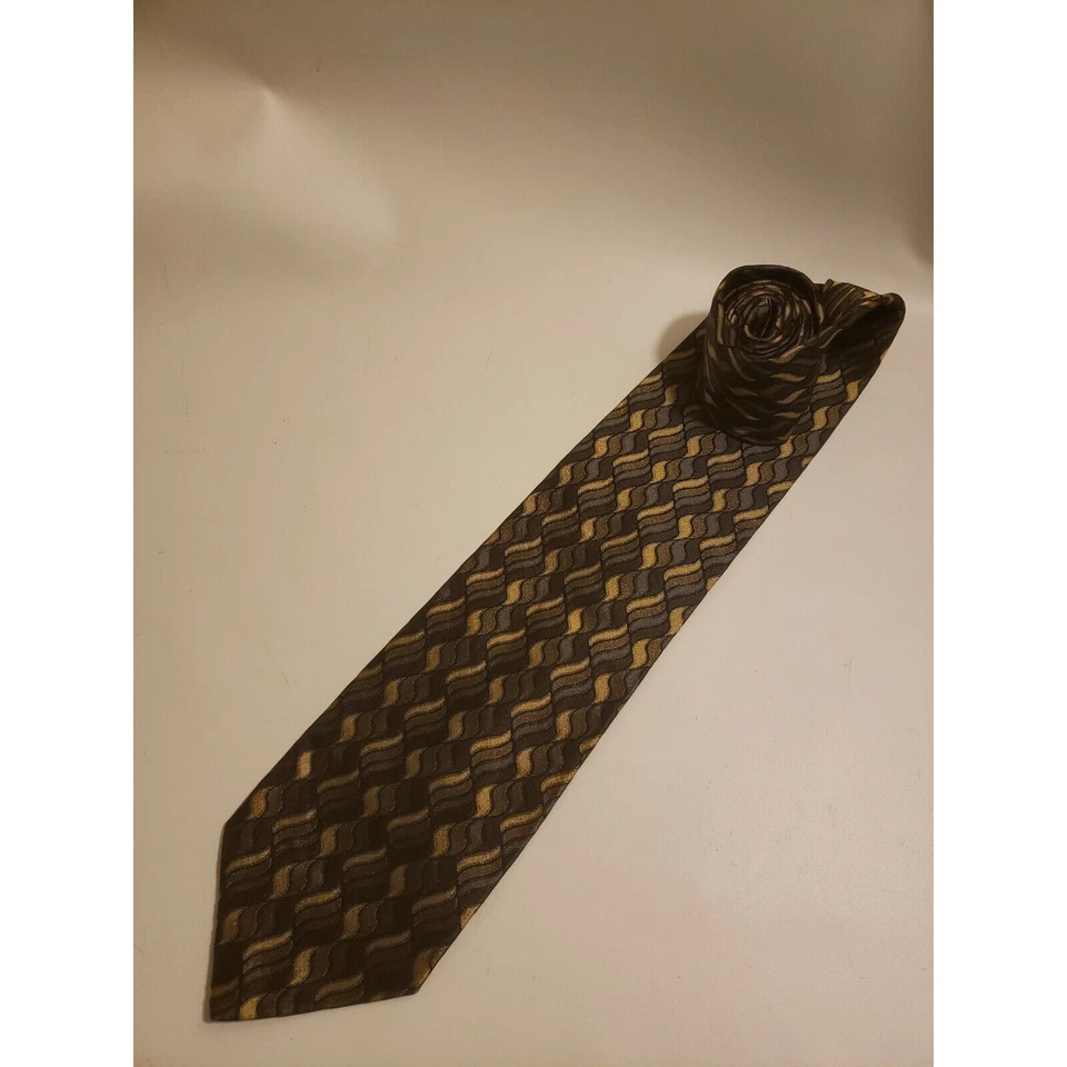 Bachrach Men's Neck Tie Blue Tan Geometric 100% Silk Made in Italy Career - Изображение 1 из 4