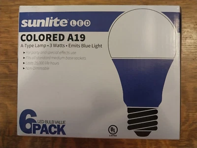 6 Pack Sunlite LED Colored A19 3W Light Bulbs with Medium (E26) Base, Blue - Image 1 of 3