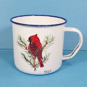 Esmalte azul y blanco firmado con taza de café de lata de metal cardinal pintada a mano - Imagen 1 de 10