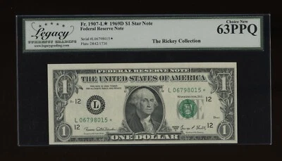 DBR 1969-D $1 FRN San Francisco STAR Fr. 1907-L* Legacy 63 PPQ Serial L06798015* - Image 1 of 2