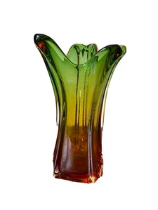 Vintage Murano Style Green Amber Heavy Thick Glass Vase 10.5” Tall - Picture 1 of 12