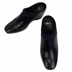 1803 Black Leather Clogs Mules Slip On Wedges Gore Made in Portugal Open Back 36 - Picture 1 of 10
