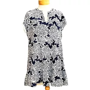 Abito casual THML orlo arricciato collo a V foderato blu navy/bianco floreale manica corta S - Foto 1 di 6