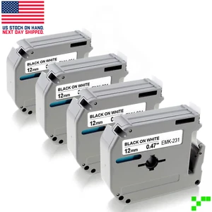 4pk Label Maker Tape 12mm 0.47 - fits Brother M-K231s P-Touch BLACK on WHITE - Picture 1 of 3