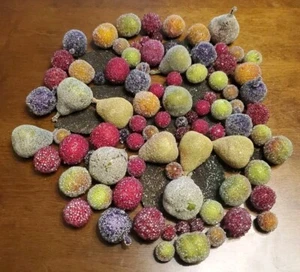 Lot of 98 Vintage Sugared Frosted Beaded Faux MINI Fruit Leaves Vase Filler - Picture 1 of 8