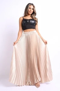 Elastic High Waist A-Line Pleated Satin Maxi Skirt in TAUPE - Picture 1 of 6