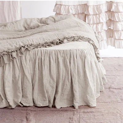 Falda de cama 100 % lino francés con volantes, falda de cama reunida, acabado lavado natural Foto 1 de 4