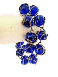 Bracelet vintage créateur perles de verre tchèque en verre enveloppé de fil bleu foncé boho 60 - Photo 1/12