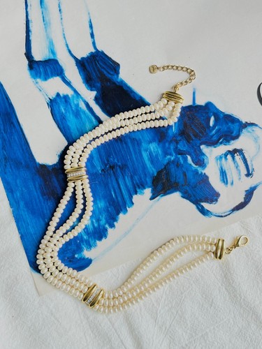 Collana girocollo Christian Dior GRANDE anni 60 trio perle cristalli fili strati