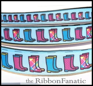 3yds Rain Boots Pink Turquoise Plaid Polka Dots 3/8" 5/8" 7/8" Grosgrain Ribbon - Picture 1 of 1