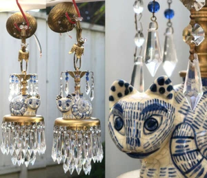 2 Apelines Lámpara De Colección Latón GATO Porcelana Deco en Prismas de Cristal Dorado Cuentas - Imagen 1 de 12