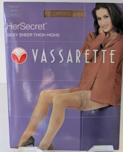 VASSARETTE Thigh Highs Nylons Secret Silky Sheer Lace Top Nude #4035 Sz Med NEW - Picture 1 of 9