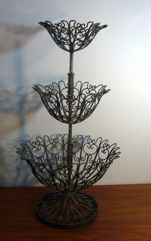 VTG 3 Tier Wrought Iron Rustic Fruit Basket Bowl Victorian French Scroll 27” Cover