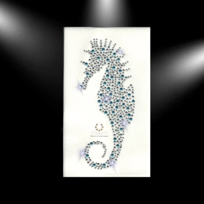 Hotfix Strass Bügelbild Applikation Strasssteine Seepferd in Crystal + Aquamarin - Bild 1 von 4