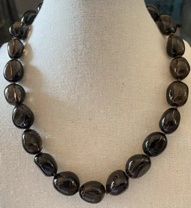 Smokey Quartz Oval Bead Necklace 1/2” Beads 14K Yellow Gold Clasp 16.5” - Picture 1 of 8