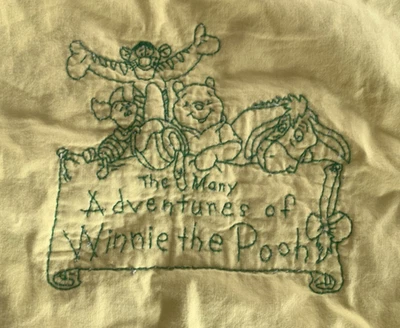 Vintage Handmade WINNIE THE POOH Embroidered Baby Blanket Yellow/Green 45 x 36.5 - Image 1 of 4