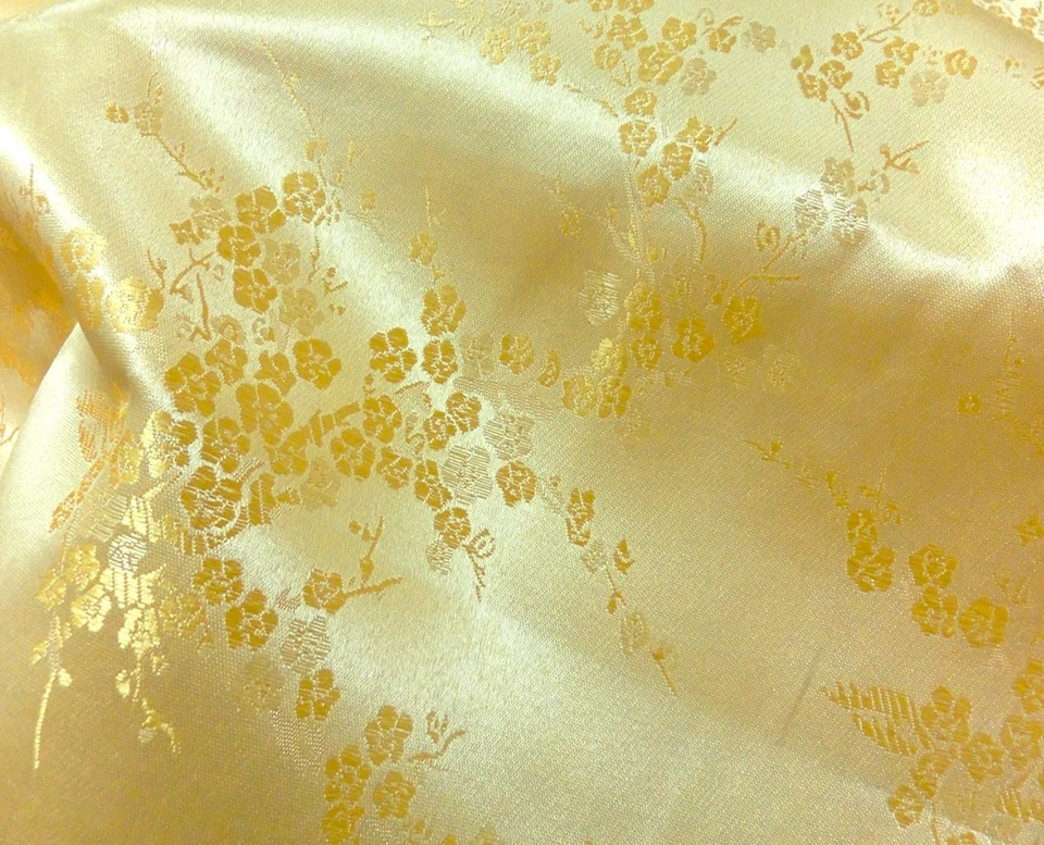 GOLD YELLOW FAUX SILK CHERRY BLOSSOM DOGWOOD BROCADE Material Fabric Dress Skirt - Image 1 of 2
