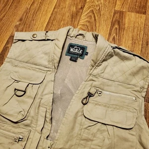 VTG Woolrich Vest Men L Beige Utility Cargo Fishing Hunting Jacket Big Pockets - Picture 1 of 9