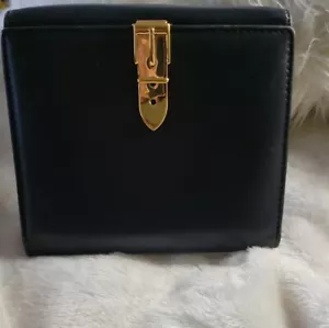 Auth. Vntg GUCCI GG Navy Blue Bi-fold leather wallet buckle equestrian w/box - Picture 1 of 12