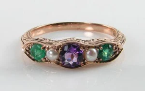 SUFFRAGETTE 9K 9CT ROSE GOLD  AMETHYST EMERALD PEARL ETERNITY ART DECO INS RING - Picture 1 of 5