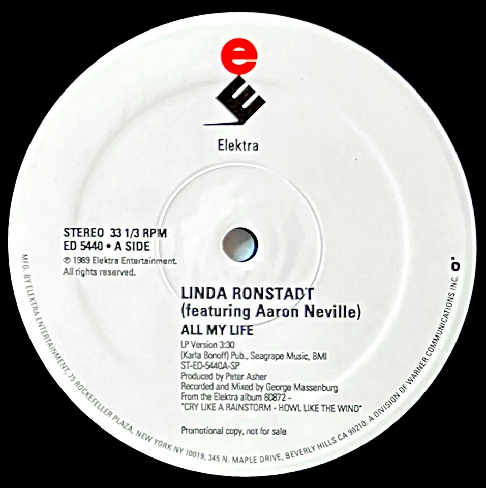 RONSTADT feat. AARON NEVILLE *VG+*  "ALL MY LIFE" 1989 US ELEKTRA  12' WL PROMO - Image 1 of 1