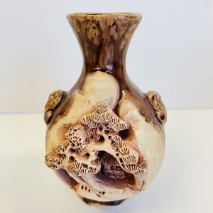 Vintage Banko Ware Tori Gate Pine 3D Vase Brown Drip Glaze Made in Japan 11cm - Picture 1 of 11