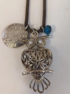 Women's 22.5" Adjust Detail Silver Heart OWL Gem & Round Silver Pendant Necklace - Picture 1 of 5