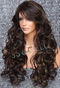 Full Human Hair Blend Wig 28" Long Curly Heat OK Brown mixed Bangs FS4/27 RBBT - Picture 1 of 6
