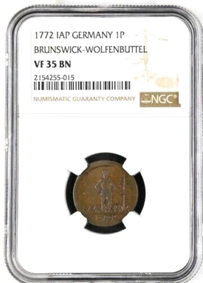 1772 IAP German States Brunswick Wolfenbuttel Wildman Pfenning NGC VF 35 Germany - Image 1 of 2