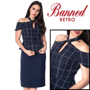 Banned Apparel Chill Checks Vintage Retro Navy Peplum Halterneck Top Blouse - Picture 1 of 6