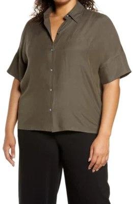 Vince Plus XXL Womens Blouse Tea Leaf Silk Blend Utility Pocket Short Sleeve - Image 1 of 4