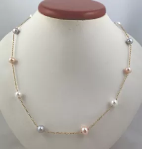 COLLANA JEWELMAK ORO GIALLO 14K 11 STAZIONI MULTICOLORE PERLE 16” - Foto 1 di 5