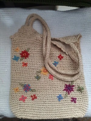 Bolso de Mano Vintage Tejido de Mimbre Beige Coloridas Flores Bahía de San Juan Ratán Paja Foto 1 de 4