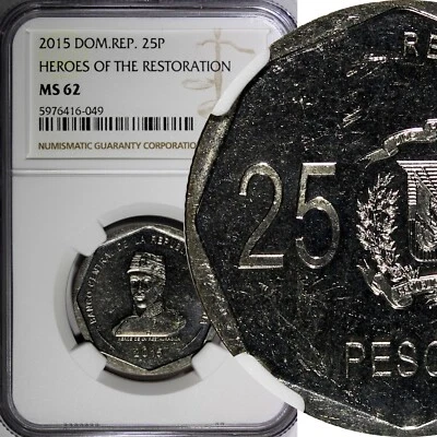 DOMINICAN REPUBLIC 2015 25 Pesos NGC MS62 Gregorio Luperón GEM BU KM# 107 (049) - Image 1 of 4